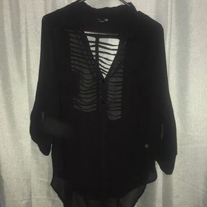 Sheer Black Button Up with Open/Striped Back